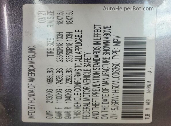 5J6RW1H50ML006360 2021 HONDA CR-V Gray Vista de la etiqueta del VIN