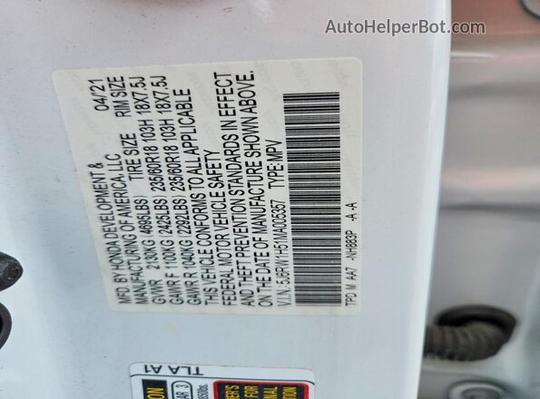 5J6RW1H51MA005357 2021 HONDA CR-V Белый Панорамный вид салона 360°