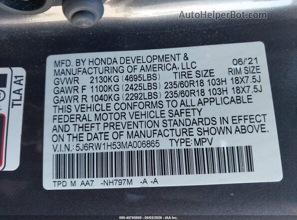 5J6RW1H53MA006865 2021 HONDA CR-V Gray Widok komory silnika