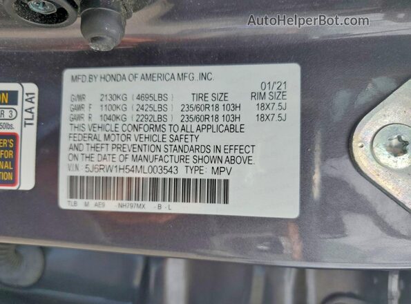 5J6RW1H54ML003543 2021 HONDA CR-V Gray VIN კოდის სტიკერის ხედი