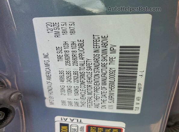 5J6RW1H56ML000921 2021 HONDA CR-V Blue VIN sticker view