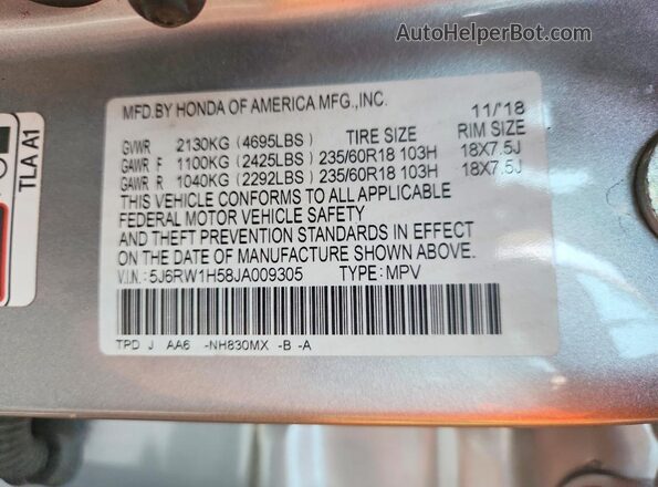 5J6RW1H58JA009305 2018 HONDA CR-V Silver Widok naklejki z numerem VIN