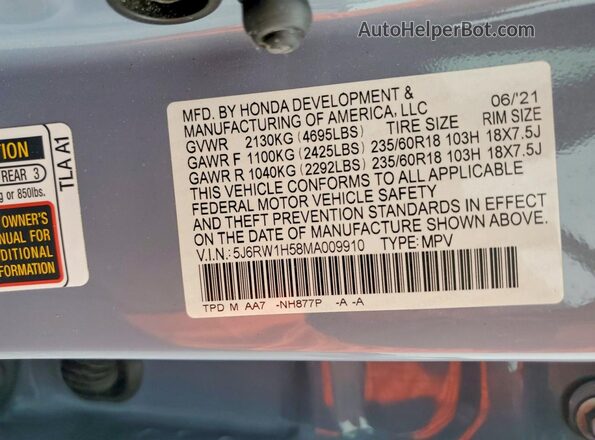 5J6RW1H58MA009910 2021 HONDA CR-V Gray Вид наклейки з VIN-кодом