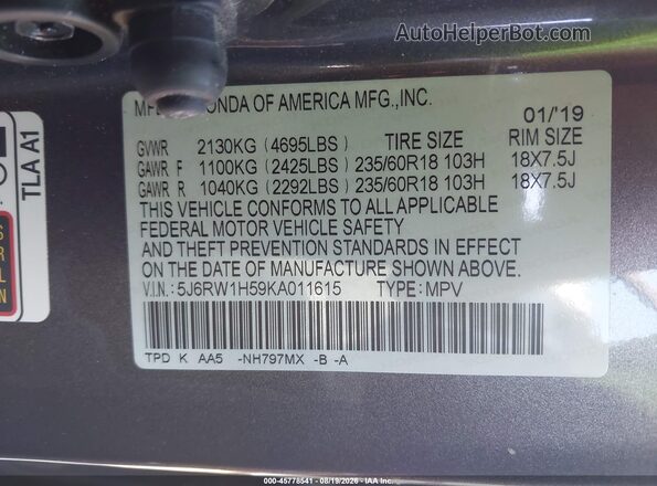 5J6RW1H59KA011615 2019 HONDA CR-V Gray Engine compartment view
