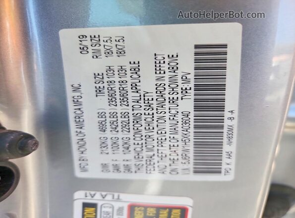 5J6RW1H5XKA036040 2019 HONDA CR-V Silver Vista de la etiqueta del VIN