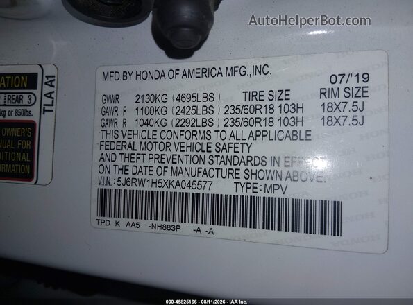 5J6RW1H5XKA045577 2019 HONDA CR-V White Շարժիչի բաժամունքի տեսք