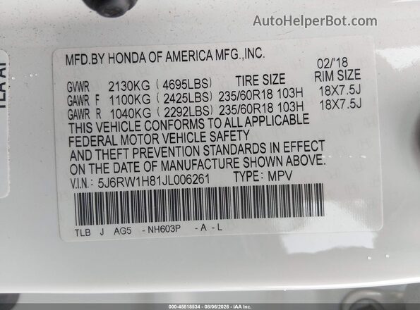 5J6RW1H81JL006261 2018 HONDA CR-V White Vista del compartimento del motor