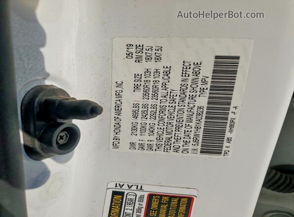 5J6RW1H81KA038236 2019 HONDA CR-V White VIN sticker view