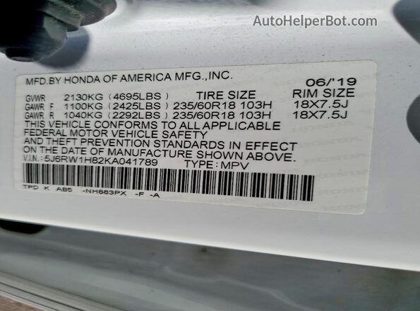 5J6RW1H82KA041789 2019 HONDA CR-V White Vista del compartimento del motor