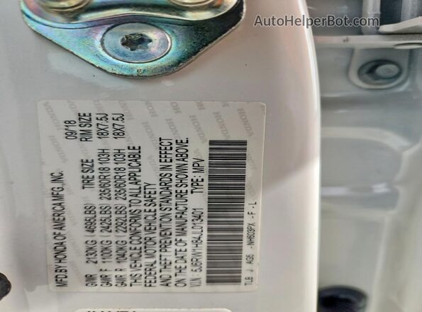 5J6RW1H84JL013401 2018 HONDA CR-V White Vista de la etiqueta del VIN