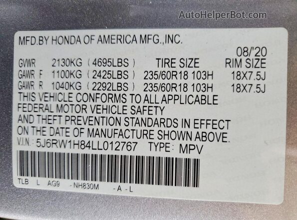 5J6RW1H84LL012767 2020 HONDA CR-V Silver Вид підкапотного простору