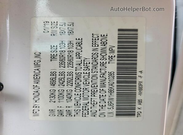 5J6RW1H86KA010285 2019 HONDA CR-V White Вид наклейки з VIN-кодом