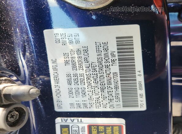 5J6RW1H86KA017009 2019 HONDA CR-V Blue Vista interior de 360 grados