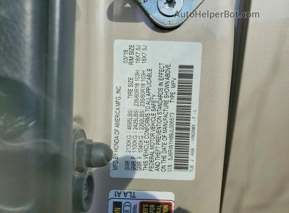 5J6RW1H89JL006573 2018 HONDA CR-V Beige VIN sticker view