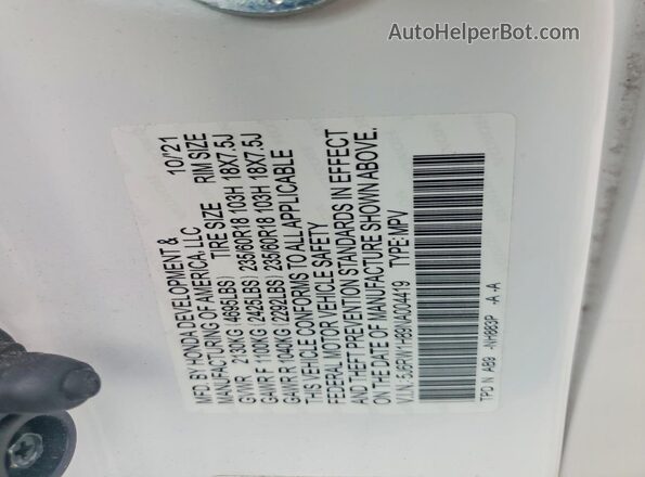 5J6RW1H89NA004419 2022 HONDA CR-V White Widok naklejki z numerem VIN