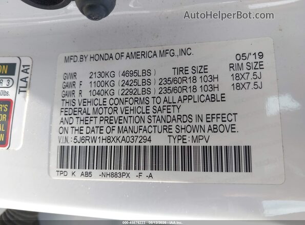 5J6RW1H8XKA037294 2019 HONDA CR-V White Вид підкапотного простору