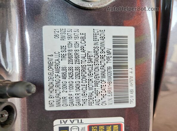 5J6RW1H8XMA006789 2021 HONDA CR-V Gray Vista interior de 360 grados