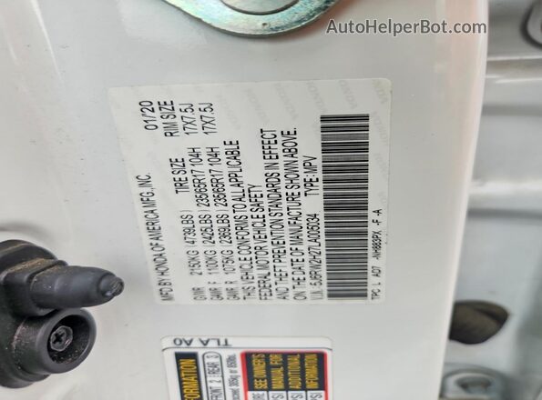 5J6RW2H27LA005034 2020 HONDA CR-V White Vista interior de 360 grados