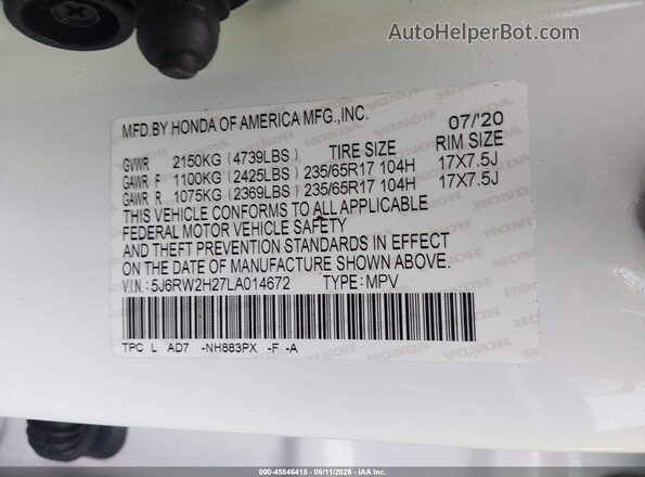 5J6RW2H27LA014672 2020 HONDA CR-V White Շարժիչի բաժամունքի տեսք
