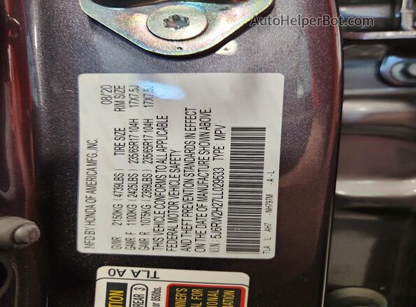 5J6RW2H27LL029533 2020 HONDA CR-V Gray VIN sticker view