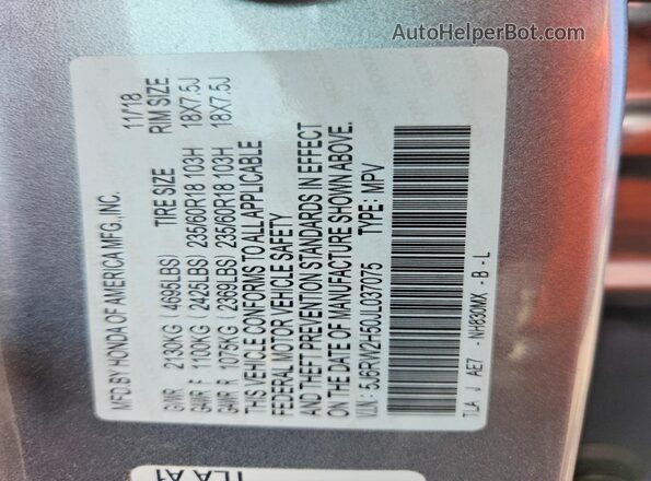 5J6RW2H50JL037075 2018 HONDA CR-V Gray VIN կոդի պիտակի տեսք