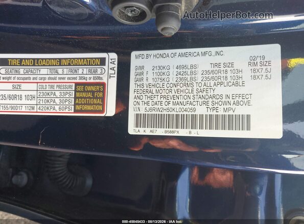 5J6RW2H50KL004059 2019 HONDA CR-V Blue ძრავის განყოფილების ხედი