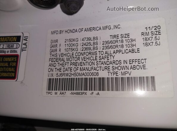 5J6RW2H50MA000608 2021 HONDA CR-V White Engine compartment view