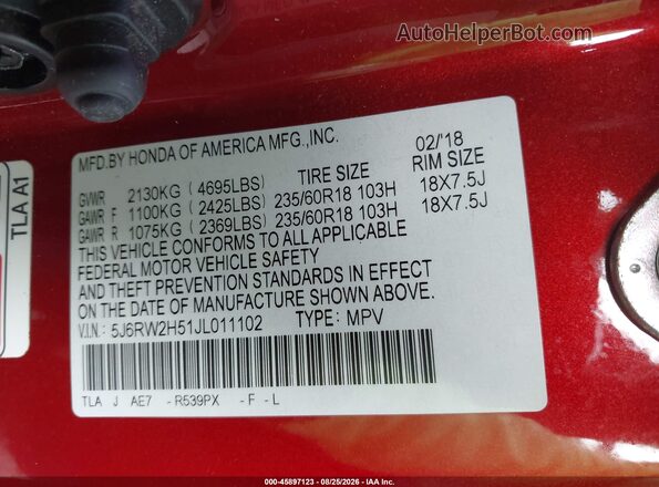 5J6RW2H51JL011102 2018 HONDA CR-V Red Widok komory silnika