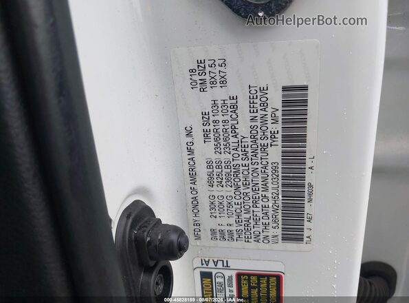 5J6RW2H52JL032993 2018 HONDA CR-V Белый Вид подкапотного пространства
