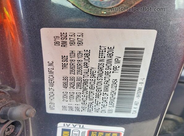 5J6RW2H52KL023454 2019 HONDA CR-V Gray Widok naklejki z numerem VIN
