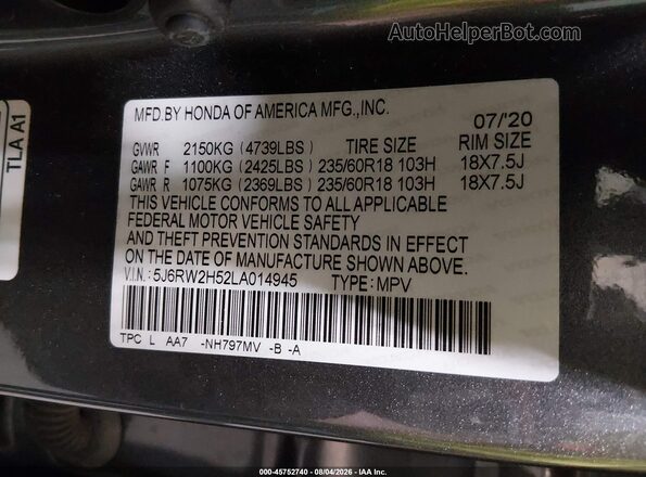 5J6RW2H52LA014945 2020 HONDA CR-V Gray Vista del compartimento del motor