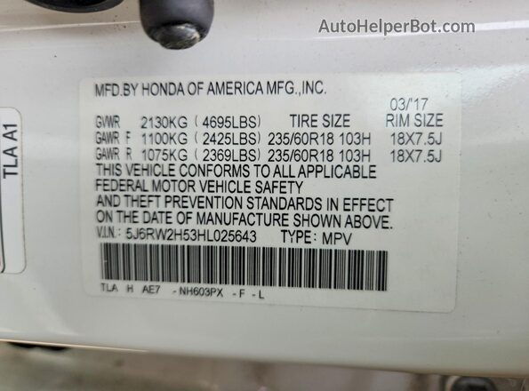 5J6RW2H53HL025643 2017 HONDA CR-V White Вид підкапотного простору