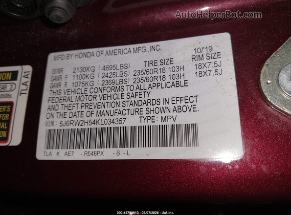 5J6RW2H54KL034357 2019 HONDA CR-V Red ძრავის განყოფილების ხედი