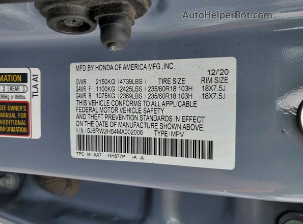 5J6RW2H54MA002006 2021 HONDA CR-V Gray VIN კოდის სტიკერის ხედი