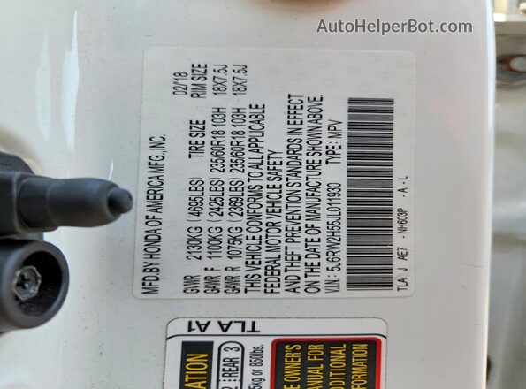 5J6RW2H55JL011930 2018 HONDA CR-V White Vista de la etiqueta del VIN