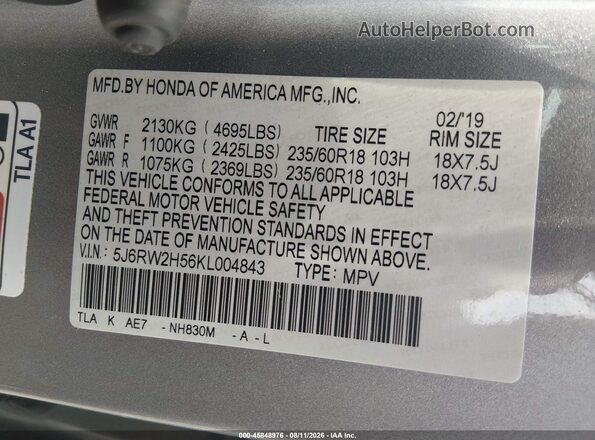 5J6RW2H56KL004843 2019 HONDA CR-V Silver Widok komory silnika
