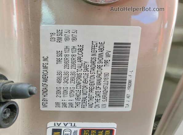 5J6RW2H57JL016160 2018 HONDA CR-V Beige ძრავის განყოფილების ხედი