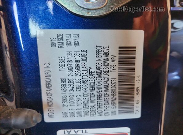 5J6RW2H58KL022731 2019 HONDA CR-V Blue Widok naklejki z numerem VIN
