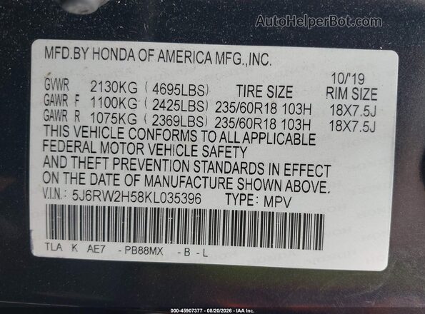 5J6RW2H58KL035396 2019 HONDA CR-V Gray Շարժիչի բաժամունքի տեսք