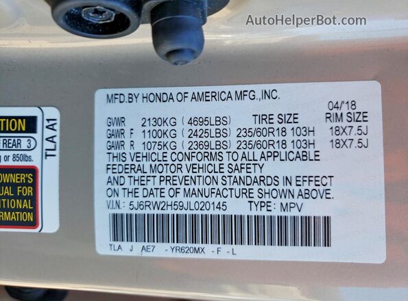 5J6RW2H59JL020145 2018 HONDA CR-V Tan Vista de la etiqueta del VIN