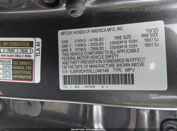 5J6RW2H59LL046148 2020 HONDA CR-V Gray Widok komory silnika