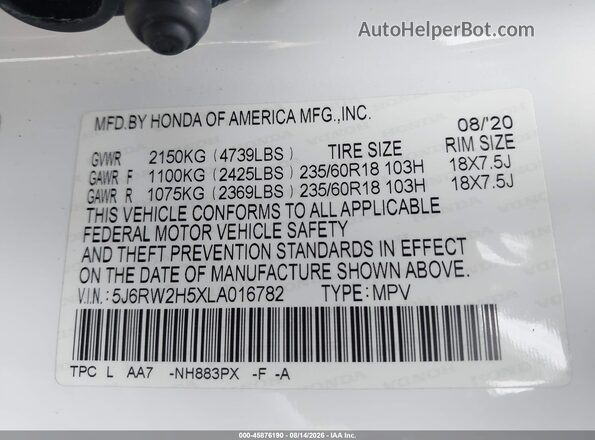 5J6RW2H5XLA016782 2020 HONDA CR-V White Vista del compartimento del motor