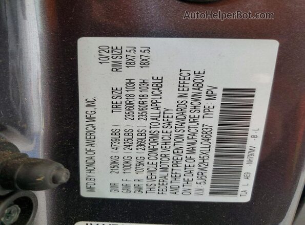 5J6RW2H5XLL046837 2020 HONDA CR-V Gray VIN sticker view