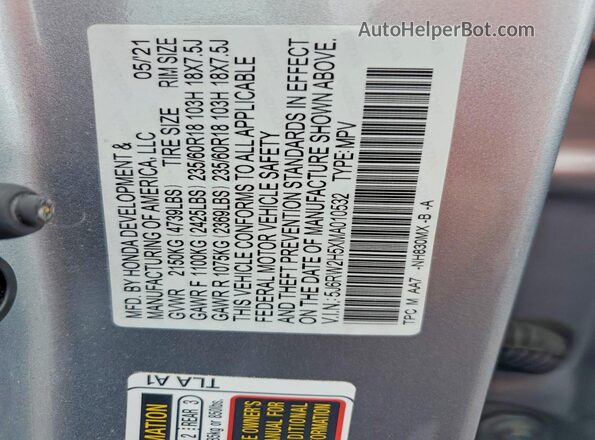 5J6RW2H5XMA010532 2021 HONDA CR-V Silver Widok naklejki z numerem VIN