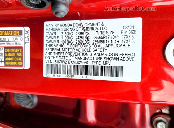 5J6RW2H7XML025960 2021 HONDA CR-V Red Vista de la etiqueta del VIN