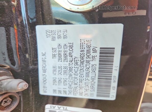 5J6RW2H80LL045075 2020 HONDA CR-V Black Widok naklejki z numerem VIN