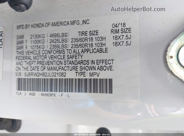 5J6RW2H82JL021082 2018 HONDA CR-V Белый Вид подкапотного пространства
