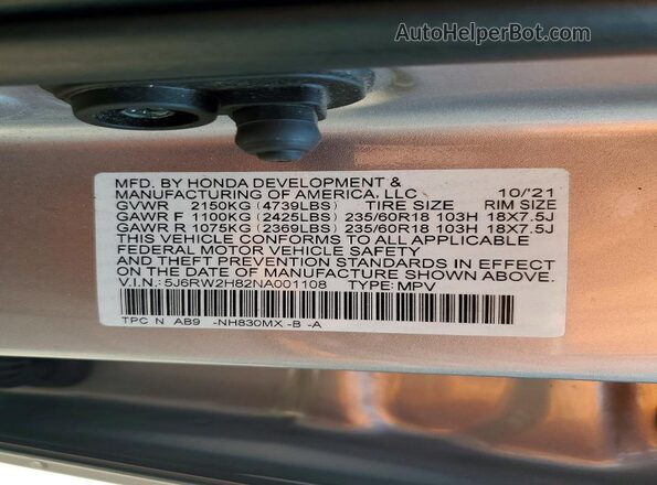 5J6RW2H82NA001108 2022 HONDA CR-V Silver 360 interior view