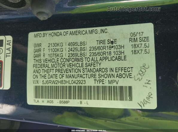 5J6RW2H83HL042923 2017 HONDA CR-V Blue Շարժիչի բաժամունքի տեսք