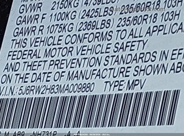 5J6RW2H83MA009880 2021 HONDA CR-V Black Вид підкапотного простору